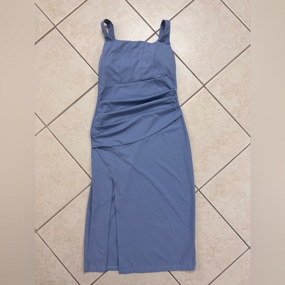 SoftlyZero Airy Square Neck Corset Ruched Split Bodycon Midi Dress - Picture 7 of 13